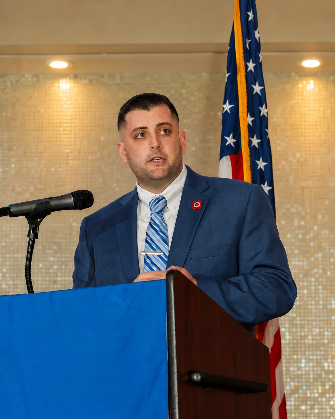 Andrew Hagenberg, president of IAFF Local 3874, speaking at a Professional Firefighters Association of New Jersey event