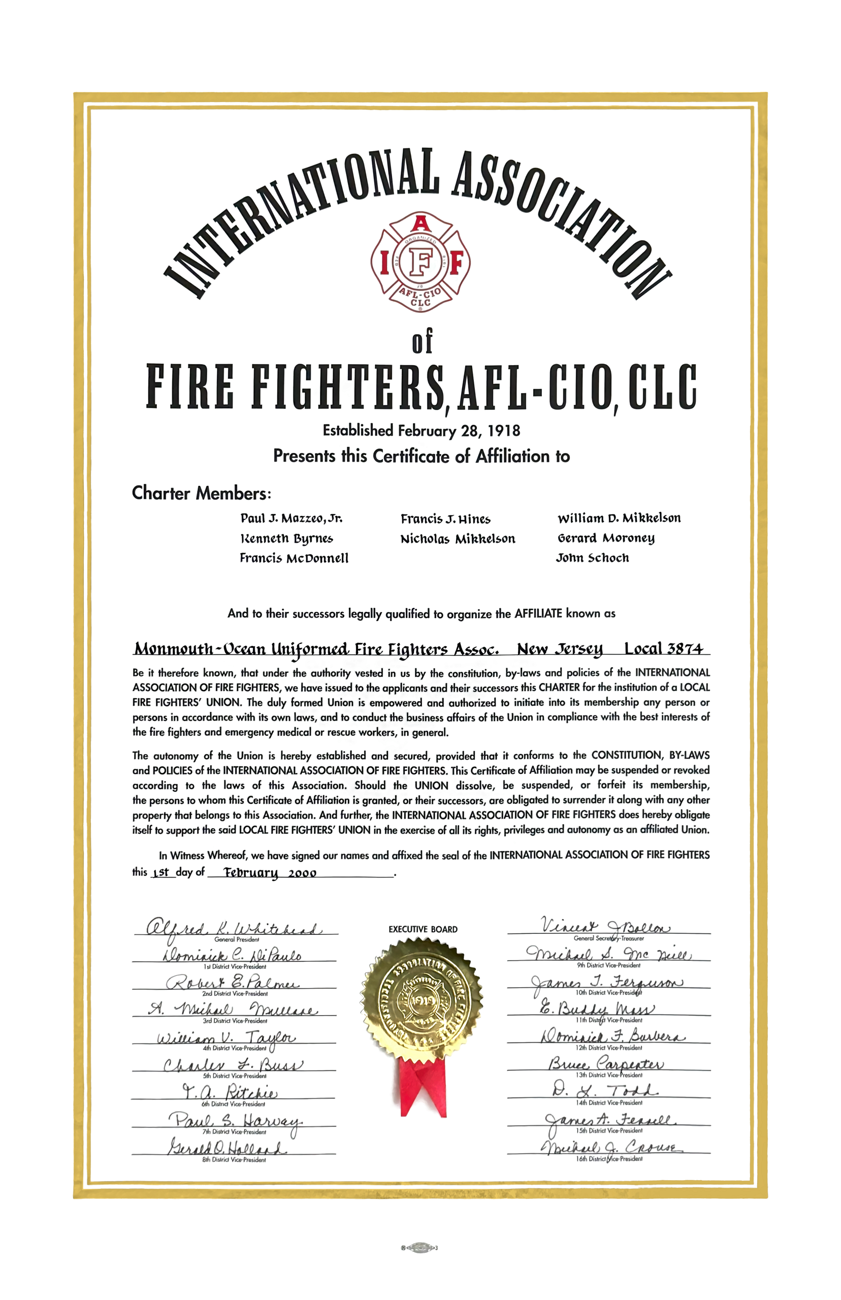 IAFF certificate of affiliation issued to the Monmouth-Ocean Uniformed Fire Fighters Association, Local 3874, dated February 1, 2000.
